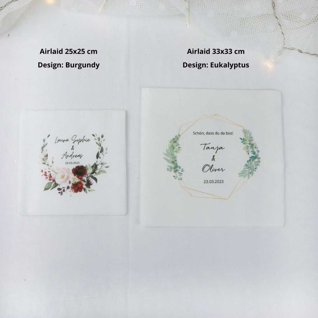 personalisierte servietten airlaid design burgundy und eukalyptus