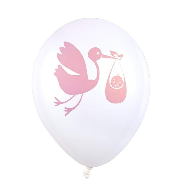Luftballons Baby Shower Storch mit Baby rosa
