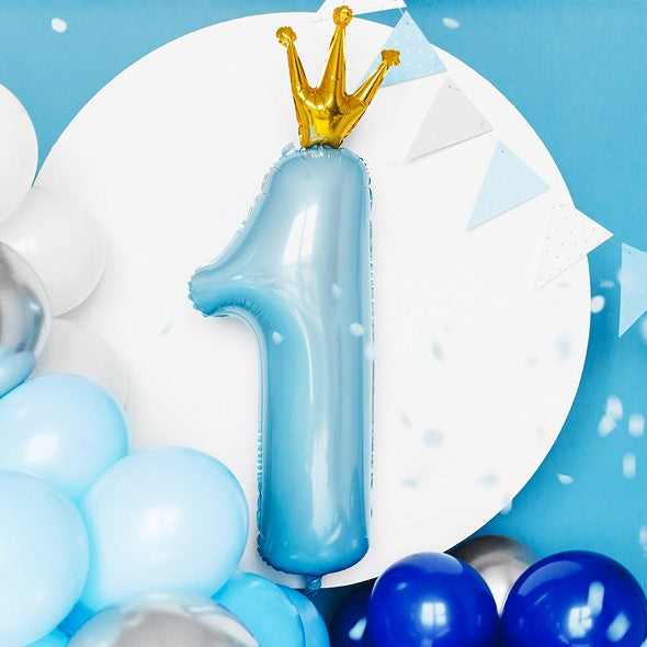 Folienballon Zahl 1 mit Krone blau