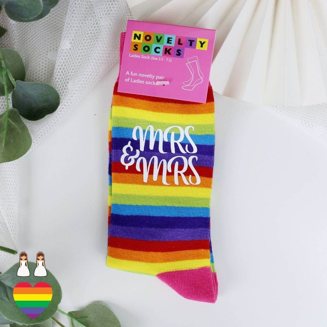 Socken Regenbogen mit Aufdruck Mrs und Mrs