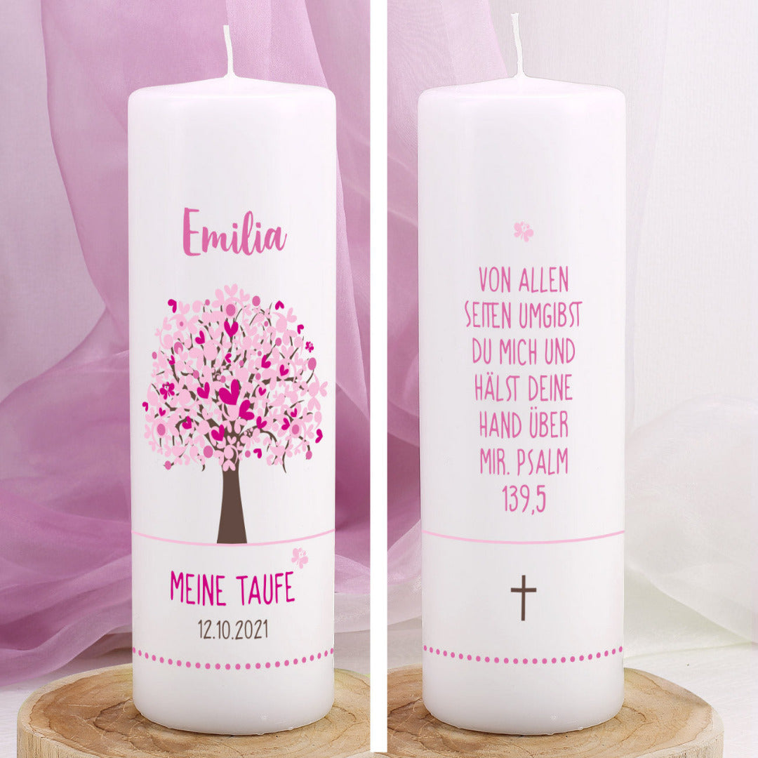 Personalisierte Taufkerze mit Motiv Lebensbaum in rosa