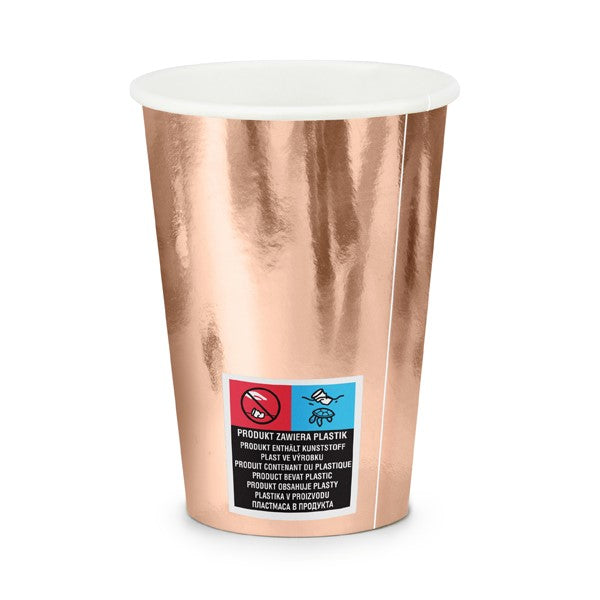 Pappbecher metallic rosegold Warnhinweis