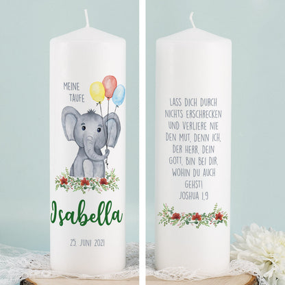 Personalisierte Kerze zur Taufe mit Elefanten Motiv