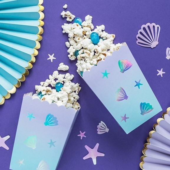 Popcorn Boxen blau mit Muscheln Motiv