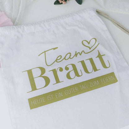 Team Braut Turnbeutel in weiß mit goldenen Schriftzug
